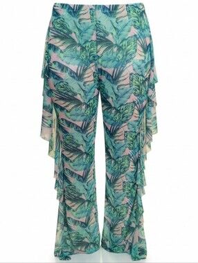LOVE 83 Tropical Palm Print Ruffle Wide Leg Pants XL Resort Beach Cover Up
